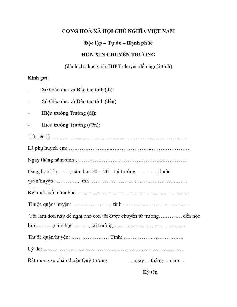 Đơn xin chuyển trường THPT