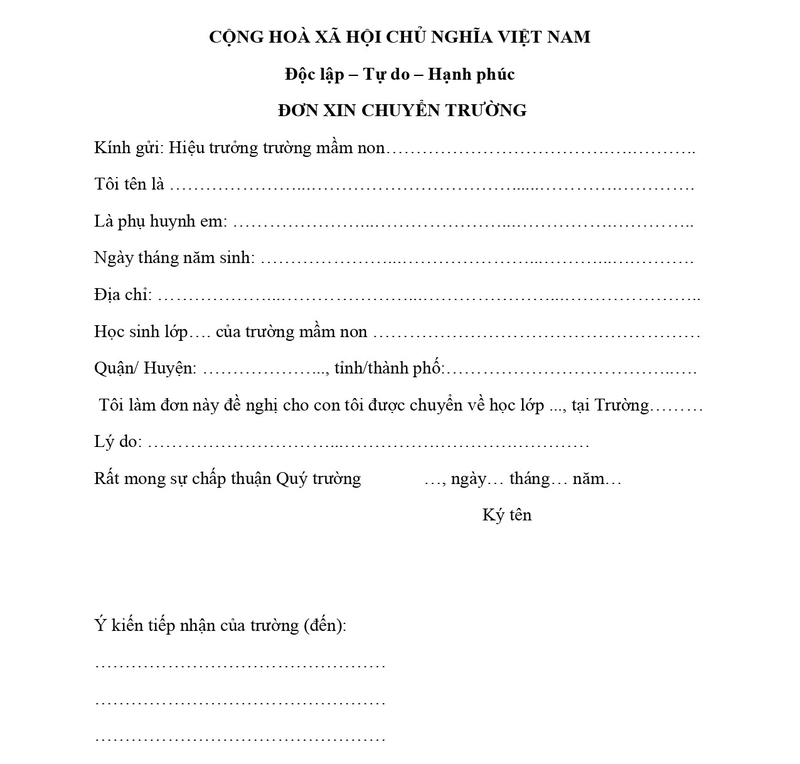 Đơn xin chuyển trường cho học sinh mầm non