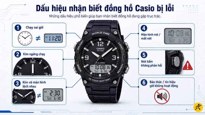 Dấu hiệu nhận biết đồng hồ Casio bị lỗi Dấu hiệu nhận biết đồng hồ Casio bị lỗi