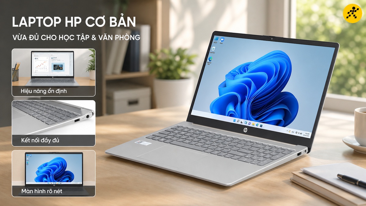 Laptop HP cơ bản cho học tập và văn phòng Một chiếc laptop HP màu bạc đang mở với màn hình hiển thị hình nền Windows 11 màu xanh và nhiều ô cửa sổ ứng dụng nhỏ ở góc trái.