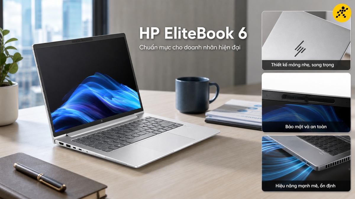 Laptop HP EliteBook 6: Sang trọng, bảo mật tối tân Laptop HP EliteBook 6 màu bạc hiển thị màn hình có hình nền sóng xanh, đặt trên bàn gỗ cùng với cây xanh, cốc và sổ tay.
