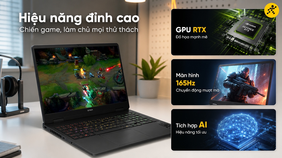 Laptop HP Omen: Hiệu năng gaming đỉnh cao Laptop HP Omen chơi game với đồ họa RTX, màn hình 165Hz và chip AI hiệu năng cao.