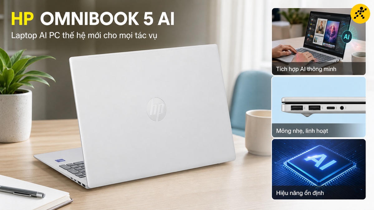 HP OmniBook 5 AI: Laptop thế hệ mới tích hợp AI Laptop HP OmniBook 5 AI màu trắng bạc đặt trên bàn gỗ với cây xanh và sổ tay bên cạnh.