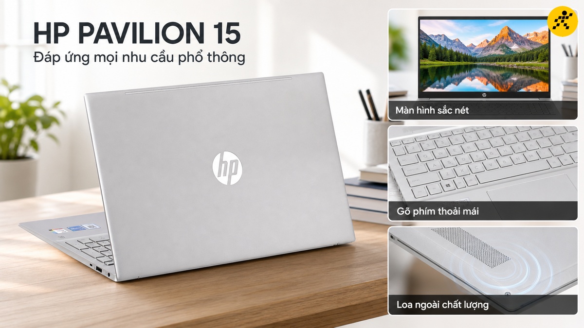 Laptop HP Pavilion 15 mỏng nhẹ, sang trọng Laptop HP Pavilion 15 màu bạc với logo HP nổi bật trên mặt lưng và màn hình hiển thị sắc nét.