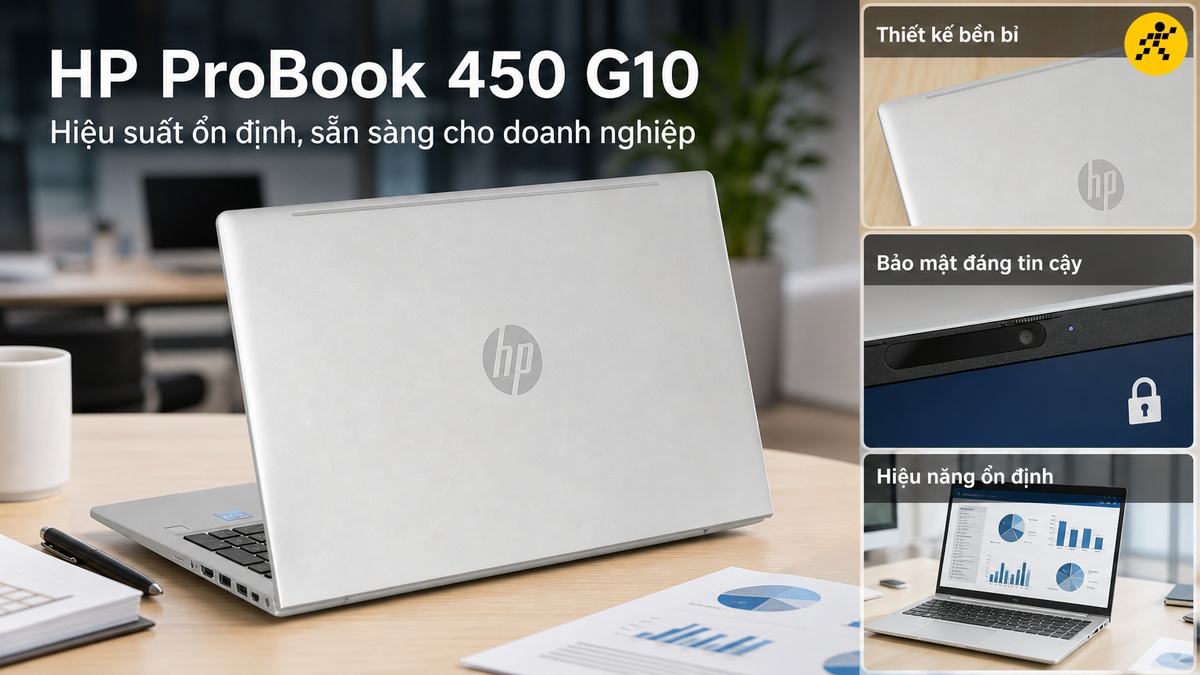 HP ProBook 450 G10: Laptop doanh nghiệp Laptop HP ProBook 450 G10 màu bạc đặt trên bàn làm việc với cốc và sổ tay, phía sau hiển thị văn phòng.