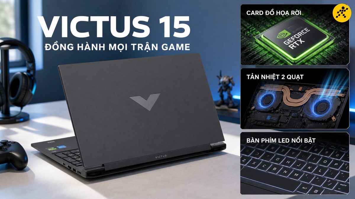 HP Victus 15: Card RTX, tản nhiệt tốt, bàn phím LED Laptop HP Victus 15 màu đen với logo V nổi bật, cùng với hình ảnh minh họa card đồ họa RTX, hệ thống tản nhiệt và bàn phím LED.