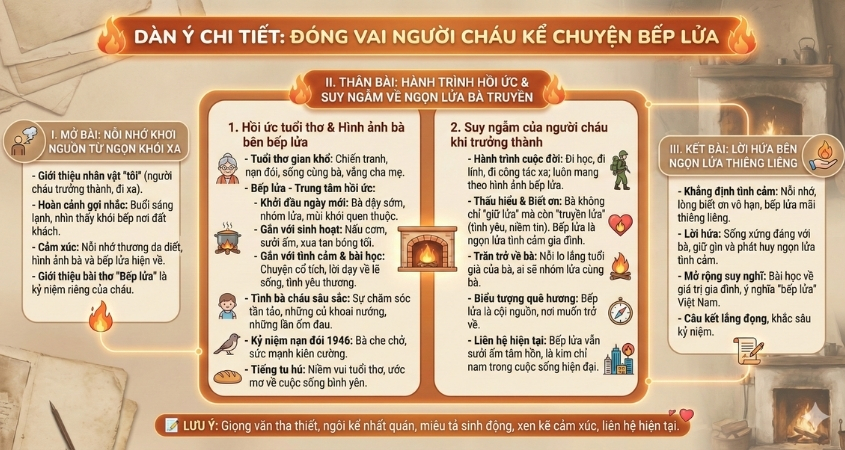 Dàn ý chi tiết bài văn đóng vai người cháu kể lại câu chuyện Bếp lửa
