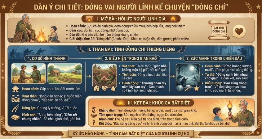 Dàn ý chi tiết bài văn đóng vai nhân vật người lính kể lại bài thơ Đồng chí