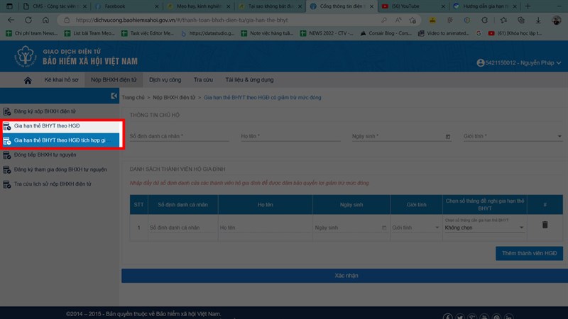 Chọn mục Gia hạn thẻ BHYT theo hộ gia đình phù hợp và tiếp tục theo hướng dẫn trên hệ thống