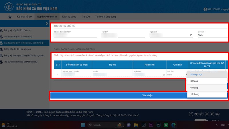 Điền thông tin chủ hộ, chọn số tháng gia hạn, xác nhận và thanh toán để hoàn tất thủ tục