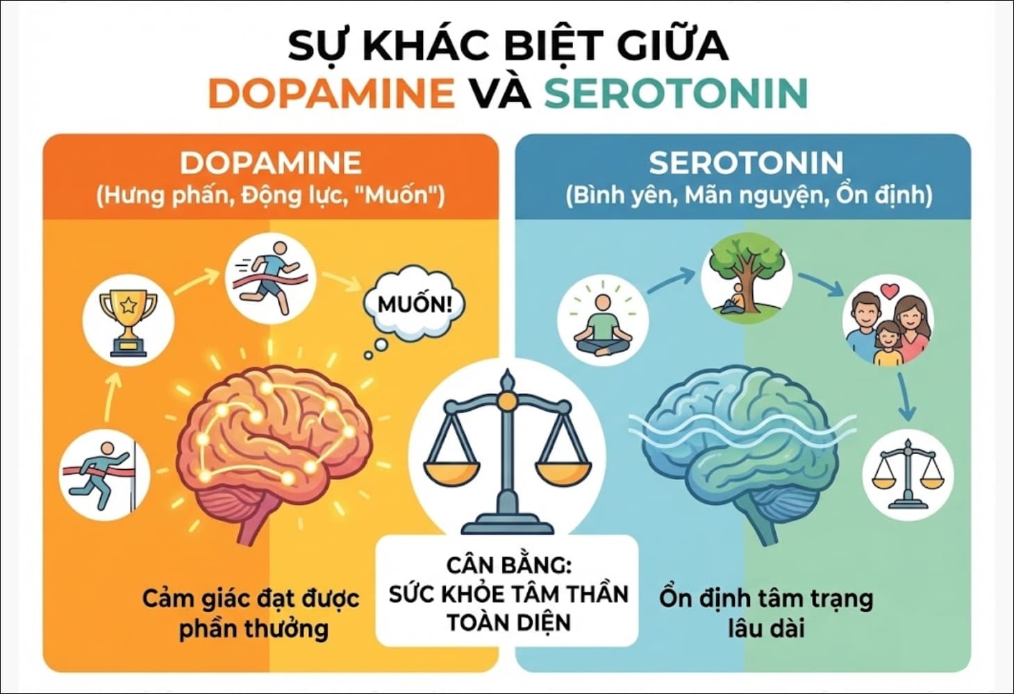Dopamine và serotonin đều là hormone hạnh phúc nhưng có điểm khác biệt Dopamine và serotonin đều là hormone hạnh phúc nhưng có điểm khác biệt