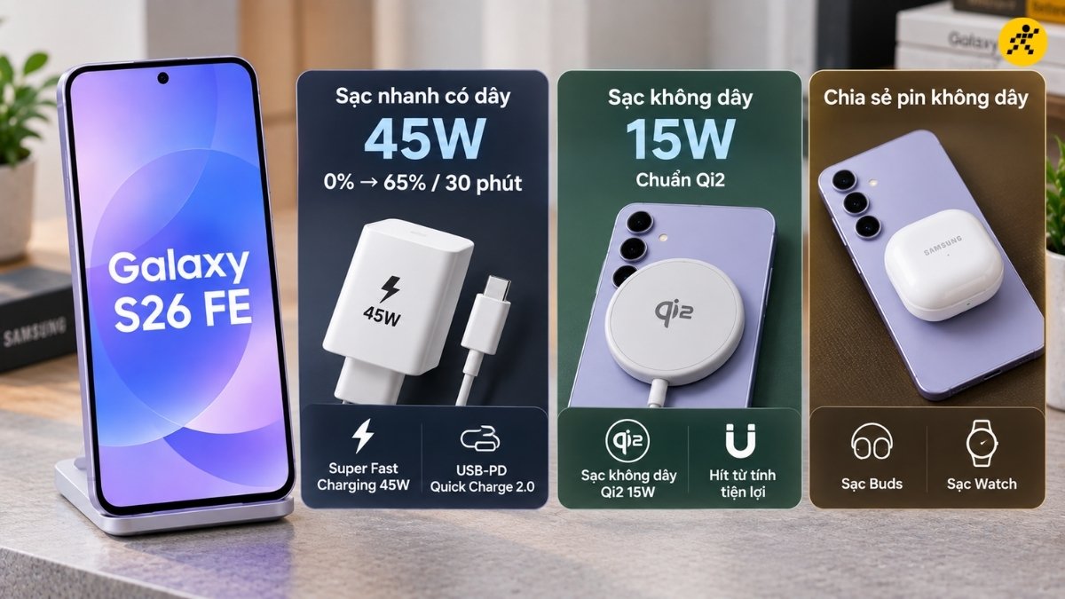 S26 FE được trang bị đầy đủ các công nghệ sạc pin hiện đại S26 FE được trang bị đầy đủ các công nghệ sạc pin hiện đại