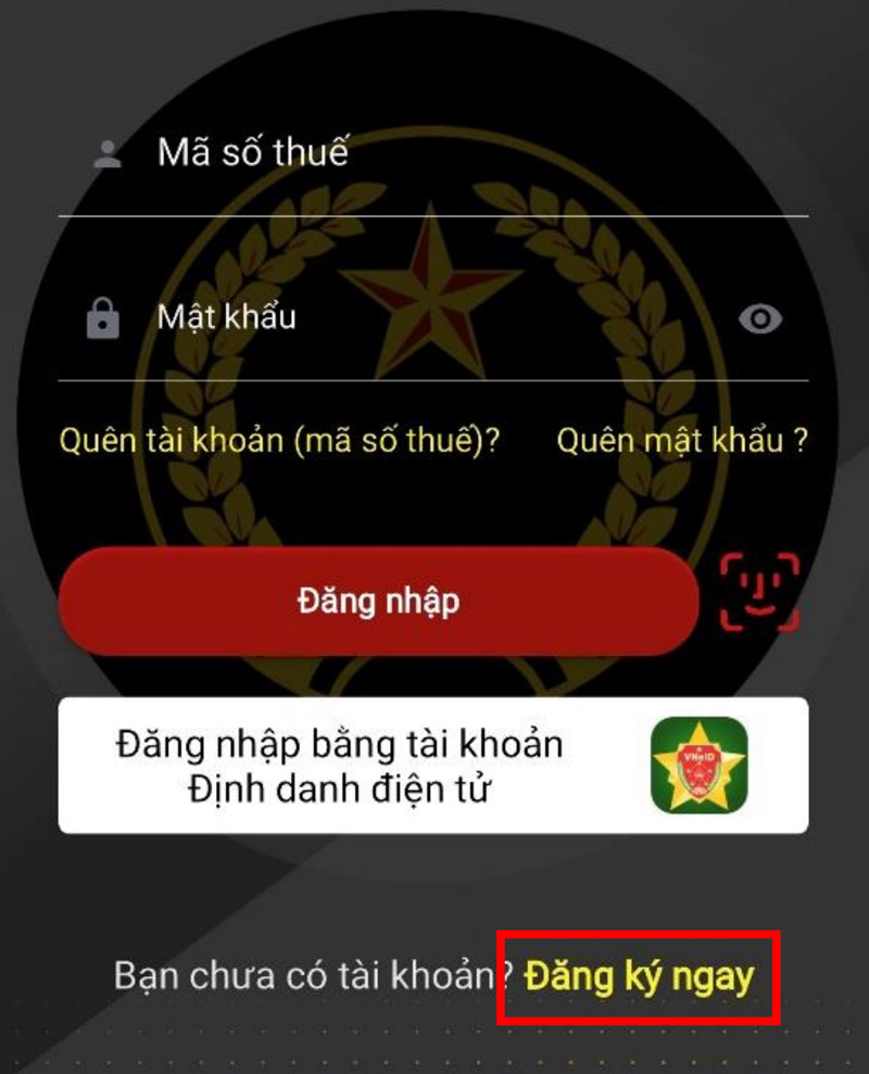 Mở eTax Mobile, chọn Đăng ký ngay tại màn hình đăng nhập