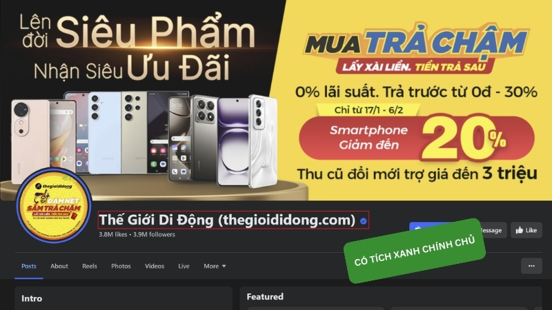 Tất cả Facebook thuộc Thế Giới Di Động đều có tích xanh