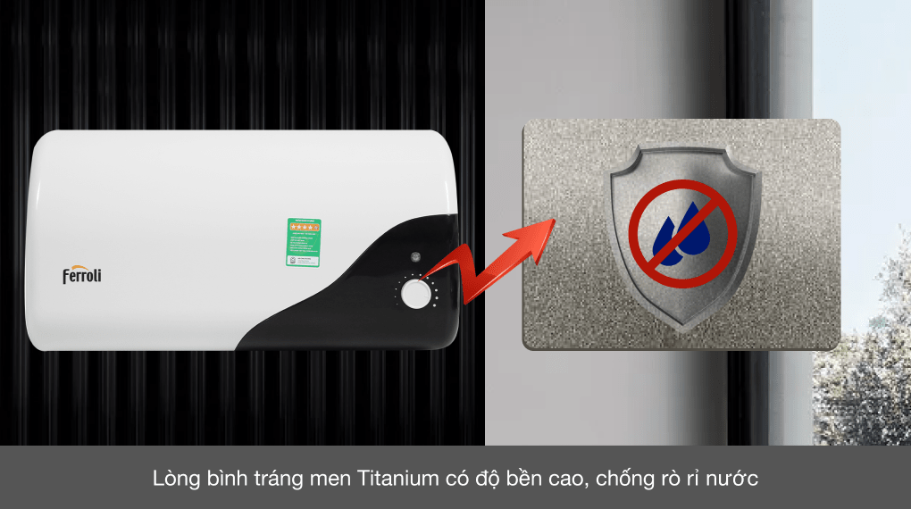 Máy nước nóng gián tiếp Ferroli 30 lít 2500W MIDO-DE ngang công nghệ lòng bình tráng men Titan Shield