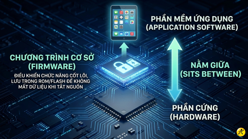 Firmware nằm giữa phần cứng v&agrave; phần mềm ứng dụng