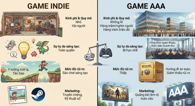 So sánh game Indie và game AAA: khác biệt rõ rệt về ngân sách, sáng tạo, rủi ro và cách quảng bá game