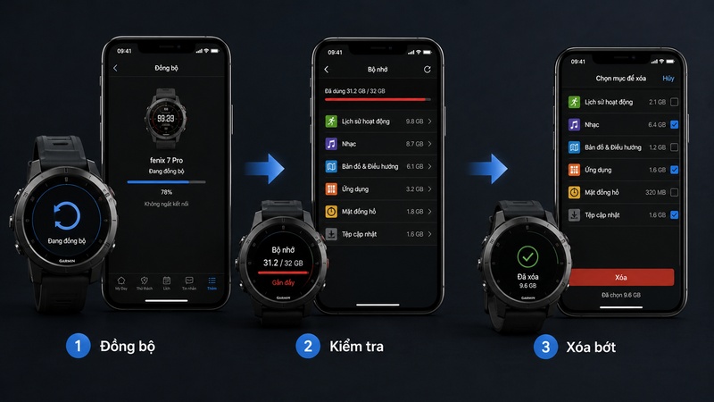Quy trình xử lý đồng hồ Garmin báo bộ nhớ đầy gồm đồng bộ dữ liệu, kiểm tra nhóm dữ liệu chiếm dung lượng và xóa nội dung không cần thiết Quy trình xử lý đồng hồ Garmin báo bộ nhớ đầy gồm đồng bộ dữ liệu, kiểm tra nhóm dữ liệu chiếm dung lượng và xóa nội dung không cần thiết