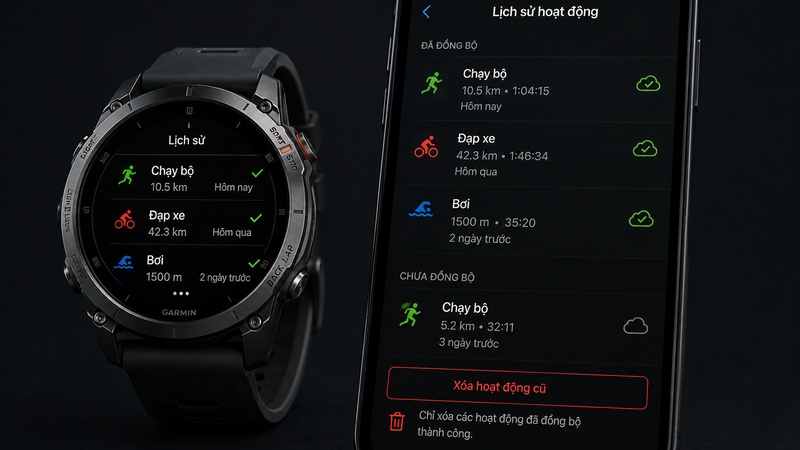 Đồng hồ Garmin hiển thị danh sách hoạt động cũ cần kiểm tra và đồng bộ thành công trước khi xóa khỏi thiết bị Đồng hồ Garmin hiển thị danh sách hoạt động cũ cần kiểm tra và đồng bộ thành công trước khi xóa khỏi thiết bị