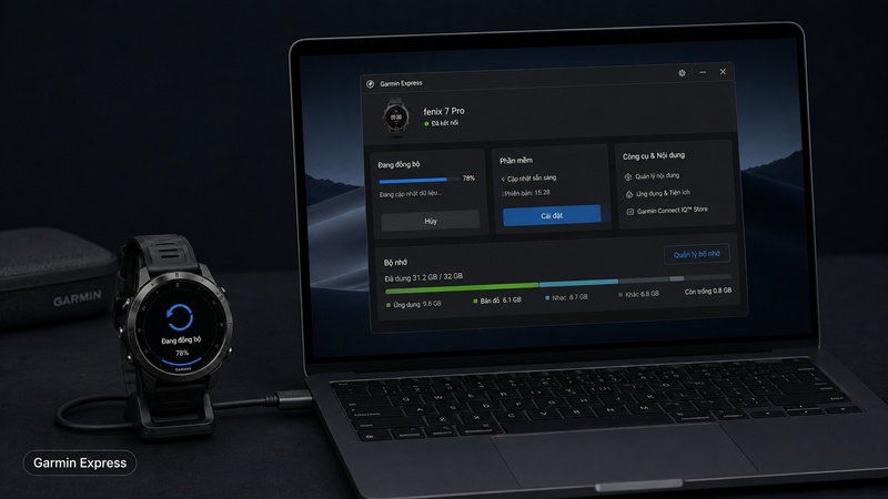 Giao diện Garmin Express hỗ trợ kết nối đồng hồ Garmin với máy tính để cập nhật, đồng bộ và quản lý dữ liệu thiết bị Giao diện Garmin Express hỗ trợ kết nối đồng hồ Garmin với máy tính để cập nhật, đồng bộ và quản lý dữ liệu thiết bị