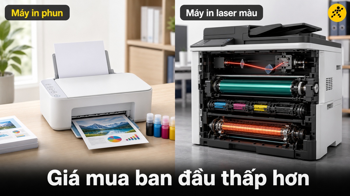 Giá mua ban đầu thấp hơn Đối chiếu giá mua ban đầu giữa máy in phun màu và máy in laser màu