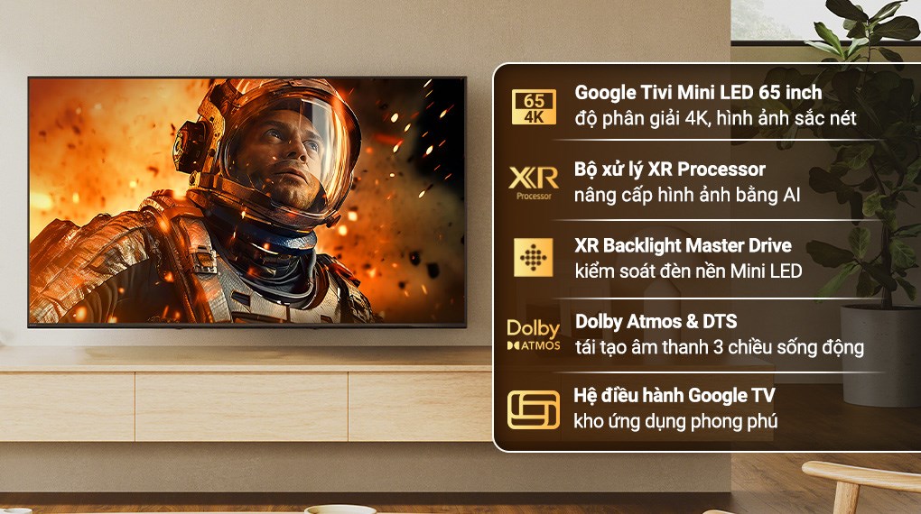 Google Tivi Mini LED Sony AI 4K 65 inch K-65XR50 có đèn nền Mini LED kết hợp công nghệ XR Backlight Master Drive mang lại độ tương phản cao