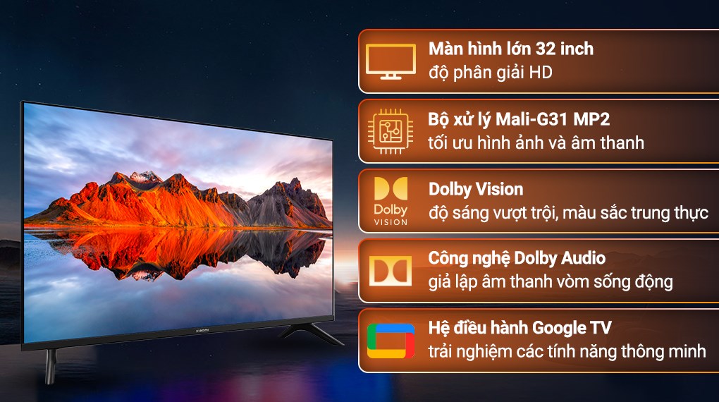 Google Tivi Xiaomi 32 inch L32M8-P2SEA mang thiết kế hiện đạiphù hợp để sử dụng trong các căn phòng có không gian nhỏ