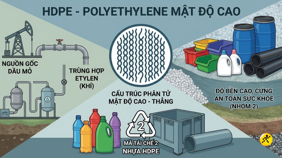 HDPE l&agrave; t&ecirc;n viết tắt của High-Density Polyethylene, một loại nhựa nhiệt dẻo