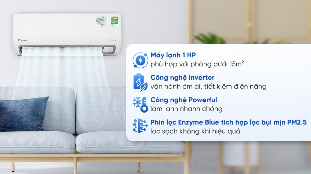 Máy lạnh Daikin 9200 BTU ATKB25ZVMV phin lọc Enzyme Blue diệt khuẩn 99%
