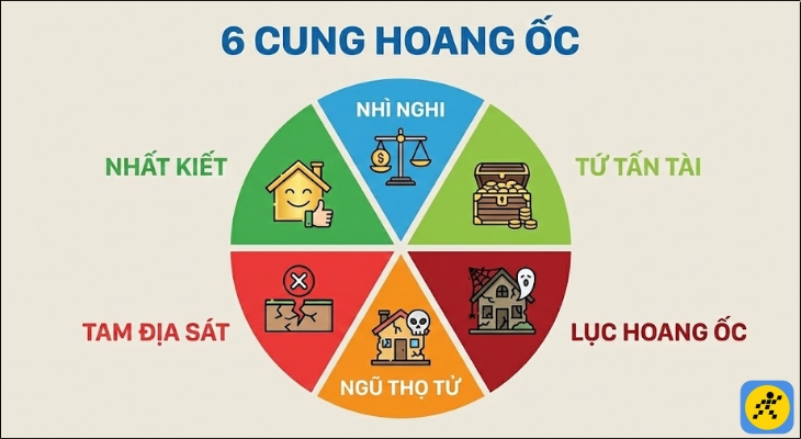 Hạn Hoang Ốc được chia thành 6 cung, trong đó có 3 cung tốt mang lại may mắn và 3 cung xấu mang đến điềm rủi