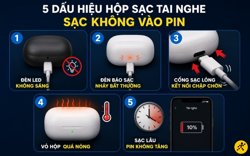 Dấu hiệu nhận biết lỗi hộp sạc tai nghe sạc không vào pin Dấu hiệu nhận biết lỗi hộp sạc tai nghe sạc không vào pin