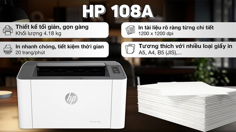 Máy in laser trắng đen đơn năng HP 108a không lo khô mực khi nghỉ dài ngày, in giáo trình đều tay suốt năm học Máy in laser trắng đen đơn năng HP 108a