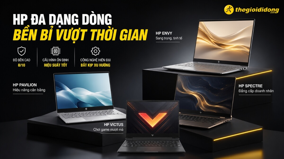 Hình ảnh quảng cáo các dòng laptop HP đa dạng, bền bỉ vượt thời gian tại Thegioididong.com. Nổi bật là HP Envy sang trọng tinh tế, HP Pavilion hiệu năng cân bằng, HP Victus chuyên game mượt mà và HP Spectre đẳng cấp dành cho doanh nhân. Bức ảnh nhấn mạnh độ bền cao (8/10), cấu hình ổn định hiệu suất tốt và công nghệ hiện đại bắt kịp xu hướng của các sản phẩm HP.