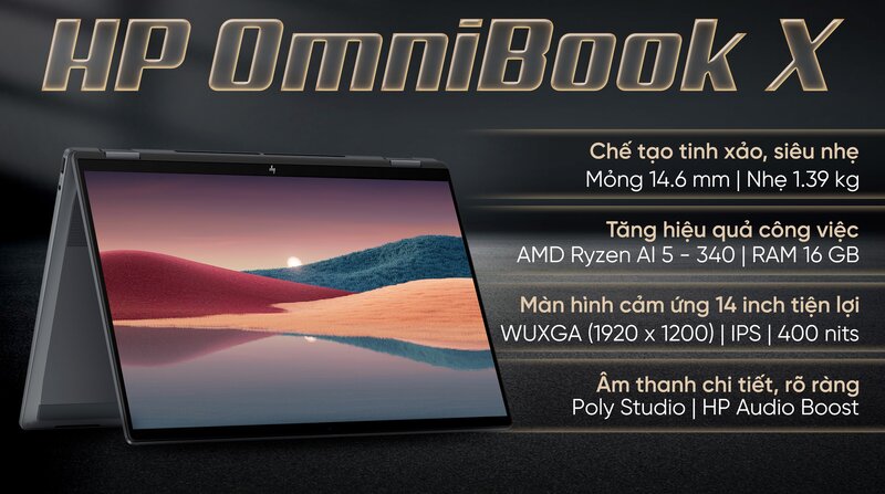 Laptop HP OmniBook X Flip 14 fk0092AU gói pin 59.16Wh trong thân 1.39kg, mang cả ngày không cần vác sạc theo Laptop HP OmniBook X Flip 14 fk0092AU
