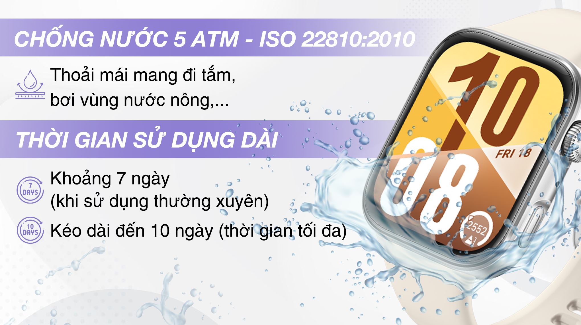 Fit 4 thoải mái đeo khi tắm, bơi lội, cùng thời lượng pin lên đến 10 ngày sử dụng tối đa Fit 4 thoải mái đeo khi tắm, bơi lội, cùng thời lượng pin lên đến 10 ngày sử dụng tối đa