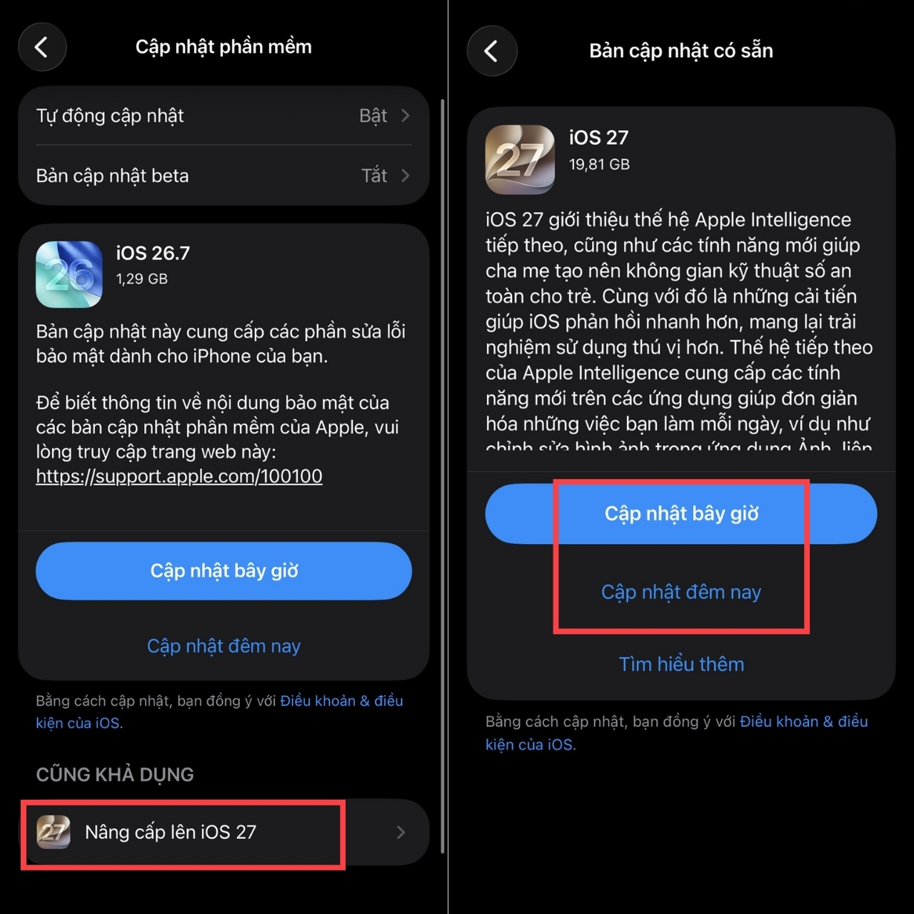 Kéo xuống chọn Cập nhật iOS 27