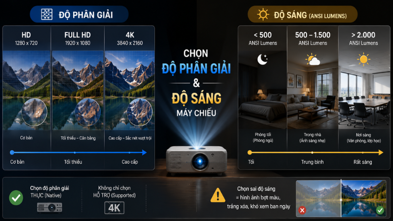 Hướng dẫn chọn độ phân giải và độ sáng máy chiếu