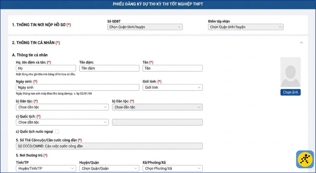 Thí sinh cần điền đầy đủ và chính xác các mục thông tin có sẵn trên hệ thống