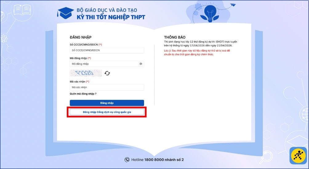 Tại màn hình đăng nhập, chọn mục Đăng nhập cổng dịch vụ công quốc gia