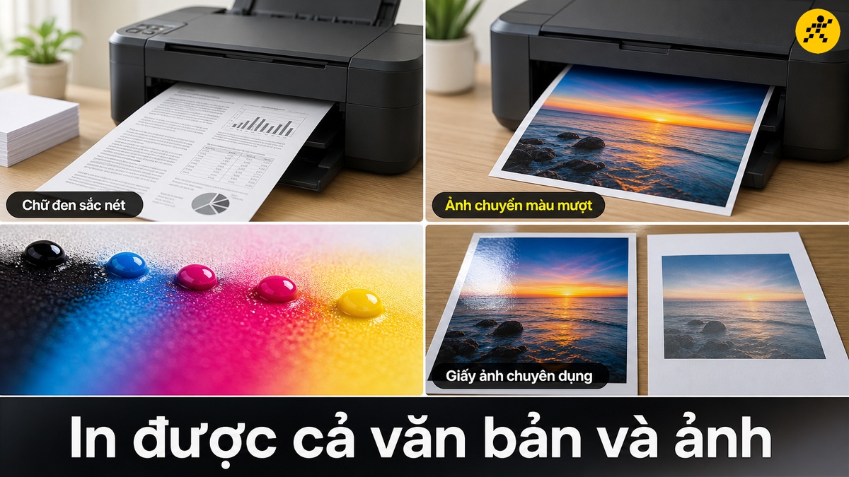 In cả văn bản và ảnh Bản in văn bản chữ đen sắc nét đặt cạnh ảnh màu chuyển sắc mượt trên giấy ảnh