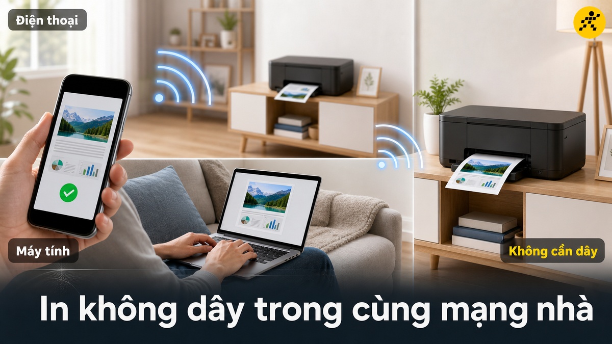 In không dây trong mạng nhà Điện thoại và máy tính gửi lệnh in qua Wi-Fi tới máy in phun màu, không cần dây