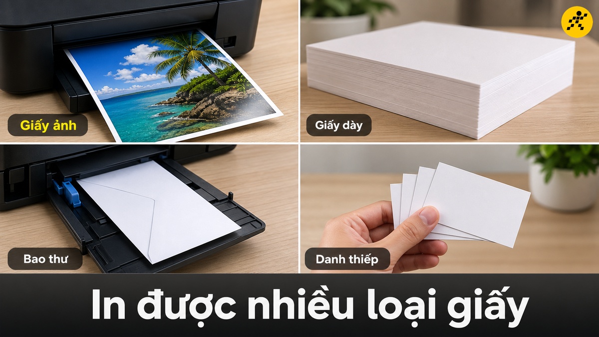 In nhiều loại giấy và khổ giấy Máy in phun màu in trên giấy ảnh, giấy dày, bao thư và danh thiếp
