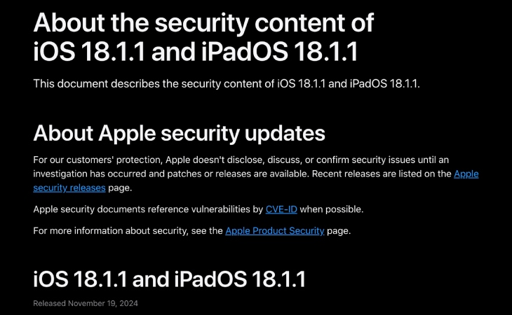 Apple đã phát hành bản cập nhật iOS 18.1.1 để khắc phục các sự cố trên phiên bản trước đó