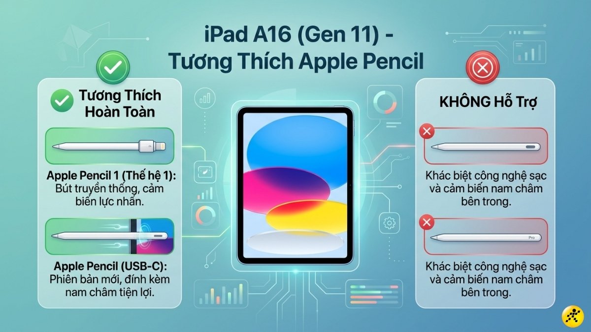 iPad A16 tương th&iacute;ch với: Apple Pencil USB-C v&agrave; Apple Pencil 1