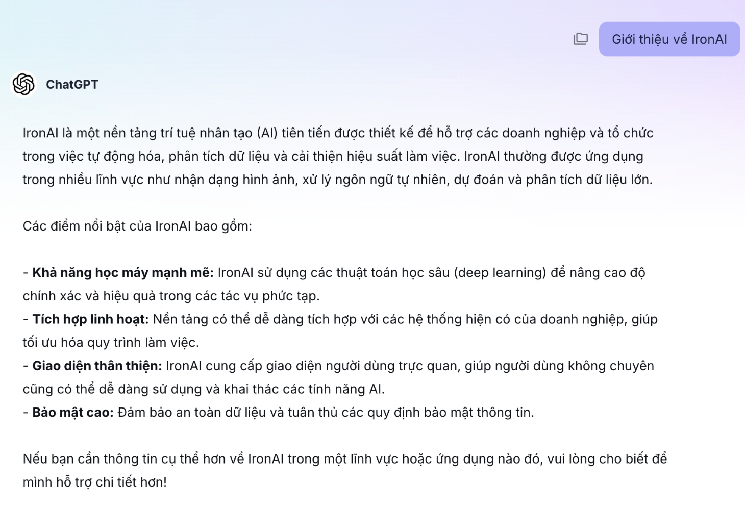 Kết quả câu trả lời của IronAI