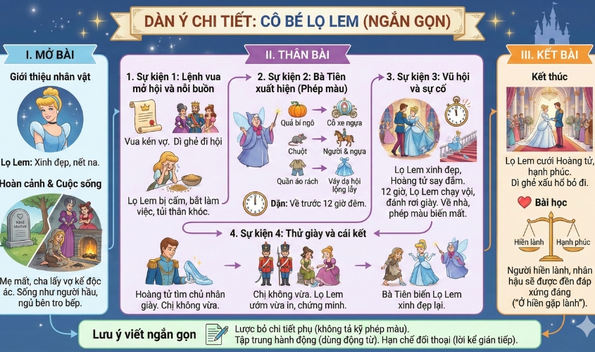 Dàn ý bài văn kể lại câu chuyện cô be lọ lem ngắn gọn