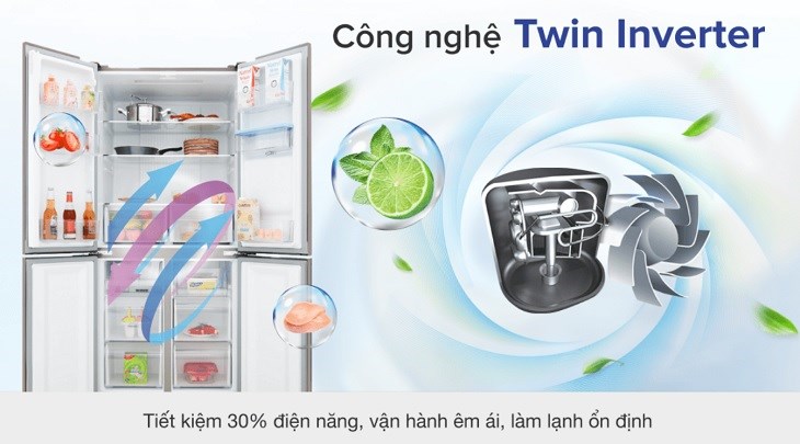 Tủ lạnh Haier trang bị công nghệ Twin Inverter và hệ thống làm lạnh đa chiều 360 độ giúp bảo quản thực phẩm tươi ngon