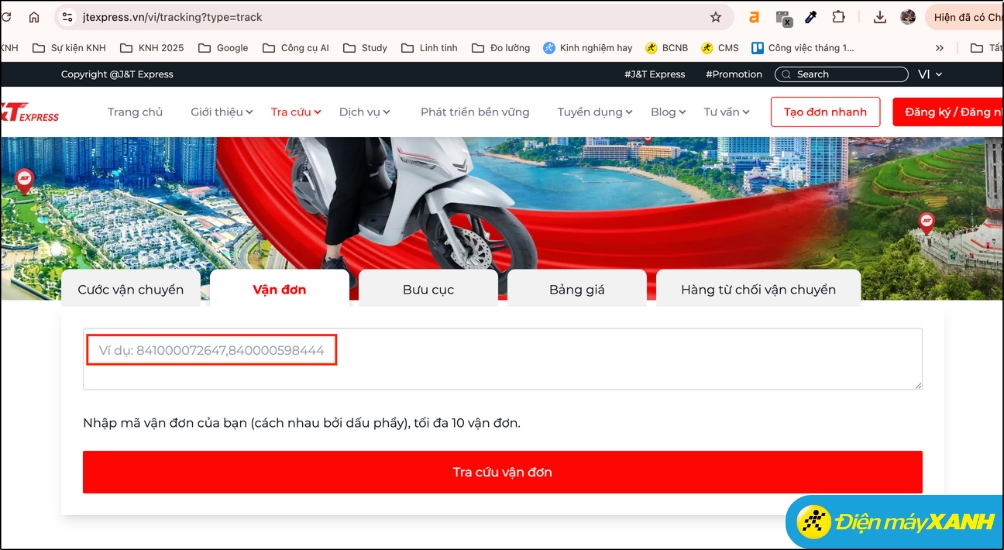 Bạn có thể sử dụng mã vận đơn để tra cứu trực tiếp bằng điện thoại hoặc laptop trên website, app của J&T Express