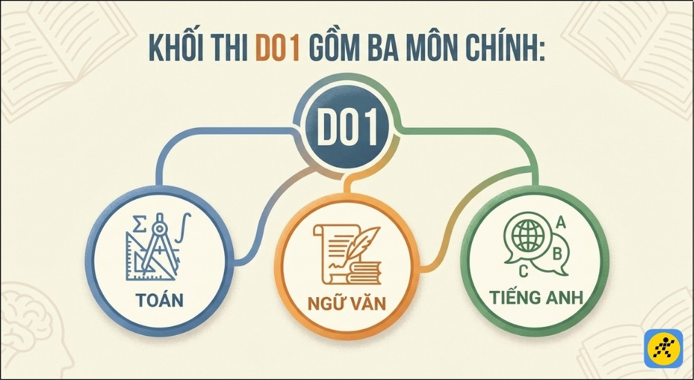 Khối D01 là một trong những tổ hợp xét tuyển phổ biến nhất hiện nay, gồm môn Toán, Ngữ văn và Tiếng Anh Khối D01 là một trong những tổ hợp xét tuyển phổ biến nhất hiện nay, gồm môn Toán, Ngữ văn và Tiếng Anh