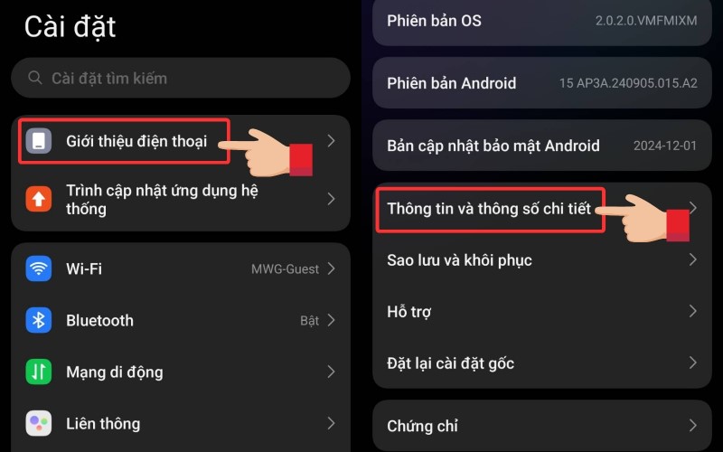 Vào Cài đặt, chọn Giới thiệu điện thoại, chọn Thông tin và số chi tiết